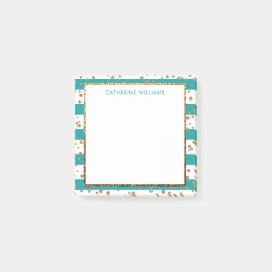 Stijlvolle Blauwgroen witte Stripe Gold Glitter Co Post-it® Notes (Voorkant)