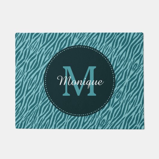 Stijlvolle Blauwgroen zebraafdrukken met monogram Deurmat (Voorkant)