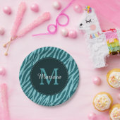 Stijlvolle Blauwgroen zebraafdrukken met monogram  Papieren Bordje (Feest)