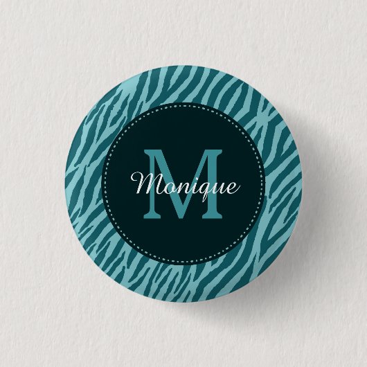 Stijlvolle Blauwgroen zebraafdrukken met monogram  Ronde Button 3,2 Cm (Voorkant)