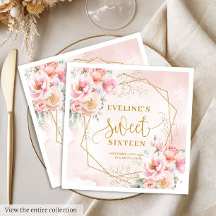 Stijlvolle bleke roze gouden bloemen sweet sixteen servet