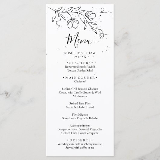 Stijlvolle bloeiende tak en druppels inktmenu menu (Voorkant)