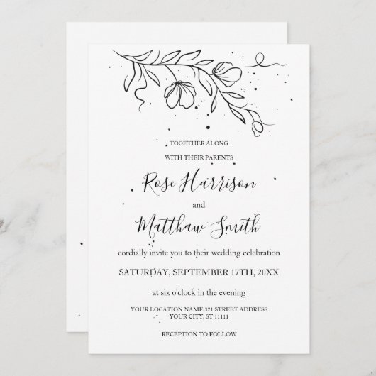 Stijlvolle bloeitak en inktdruppels kaart (Voorkant / Achterkant)