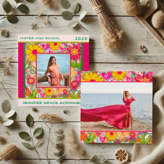 Stijlvolle Bloemen Afstuderen Aangepaste Fotoaanko Kaart