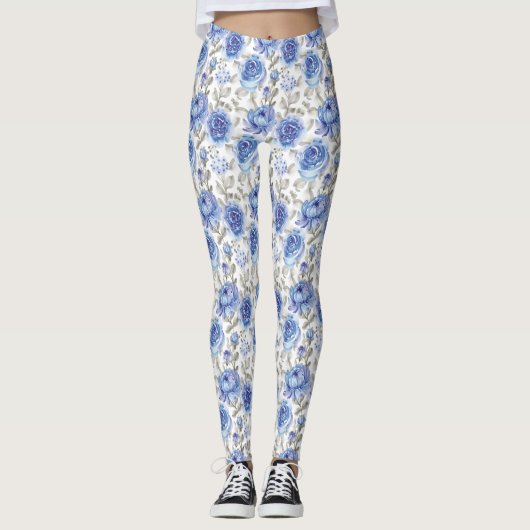 Stijlvolle bloemen Blauw en grijs Botanisch patroo Leggings (Voorkant)