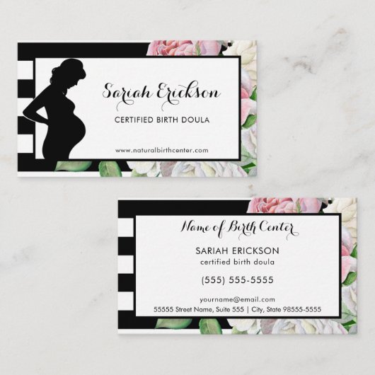 Stijlvolle bloemen en strepen Moederschap Geboorte Visitekaartje (Voorkant / Achterkant)