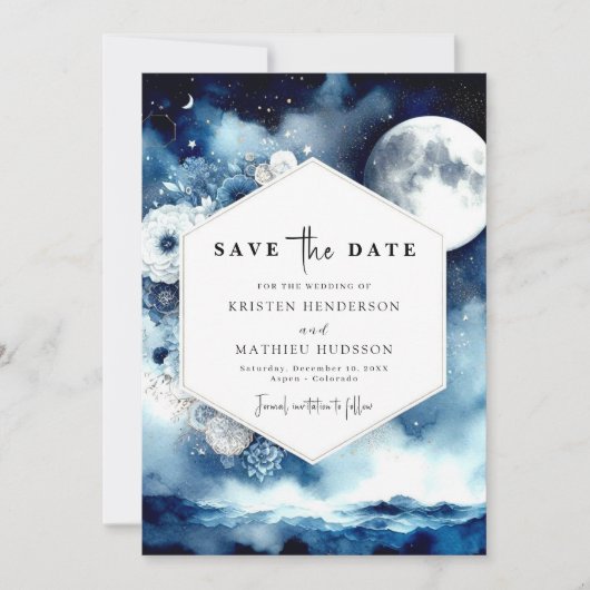 Stijlvolle Bloemen Maanverlichte bruiloft Save The Date (Voorkant)