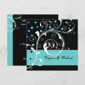 Stijlvolle bloemen scrollwork zwart, aqua bruiloft kaart (Voorkant / Achterkant)