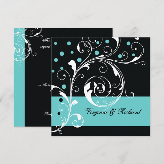 Stijlvolle bloemen scrollwork zwart, aqua bruiloft kaart (Voorkant / Achterkant)