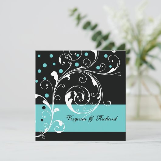 Stijlvolle bloemen scrollwork zwart, aqua bruiloft kaart (Staand voorkant)