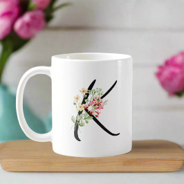 Stijlvolle Bloemen Zwarte letter "K" Typografie Koffiemok