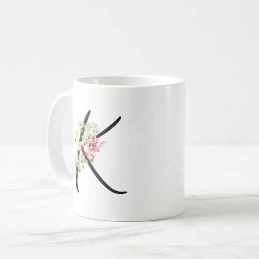 Stijlvolle Bloemen Zwarte letter "K" Typografie Koffiemok (Voorkant links)