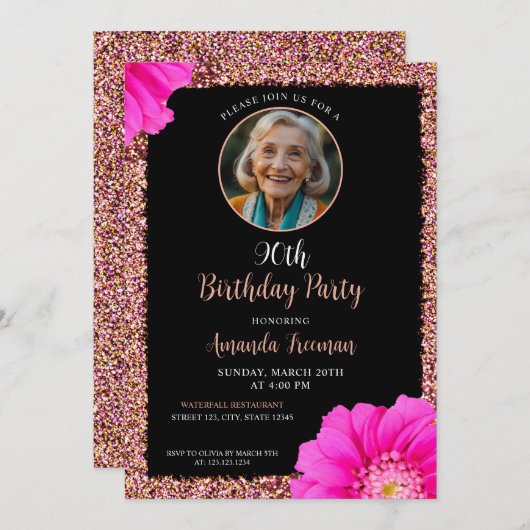 Stijlvolle bloemenglitter 90e verjaardag kaart (Voorkant / Achterkant)