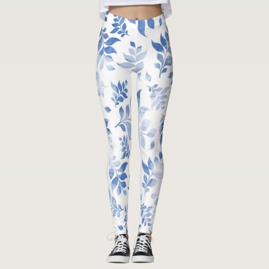 Stijlvolle bloemenlegging: Blauwe bloem & bladeren Leggings (Voorkant)