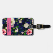 Stijlvolle bloemenroze bloemen blauw monogram patr bagagelabel (Voorkant horizontaal)