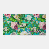 Stijlvolle bloemenroze bloemen blauw monogram patr bureaumat (Voorkant)