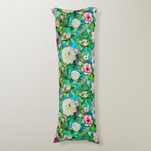 Stijlvolle bloemenroze bloemen blauw monogram patr lichaamskussen (Voorkant Verticaal)