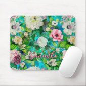 Stijlvolle bloemenroze bloemen blauw monogram patr muismat (Met muis)