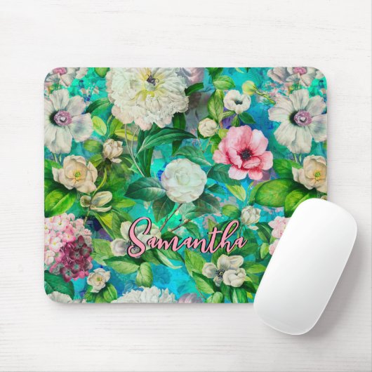 Stijlvolle bloemenroze bloemen blauw monogram patr muismat (Met muis)