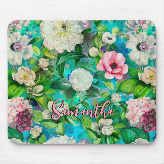 Stijlvolle bloemenroze bloemen blauw monogram patr muismat (Voorkant)