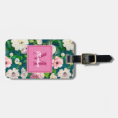 Stijlvolle bloemenroze bloemen groen monogram patr bagagelabel (Voorkant horizontaal)
