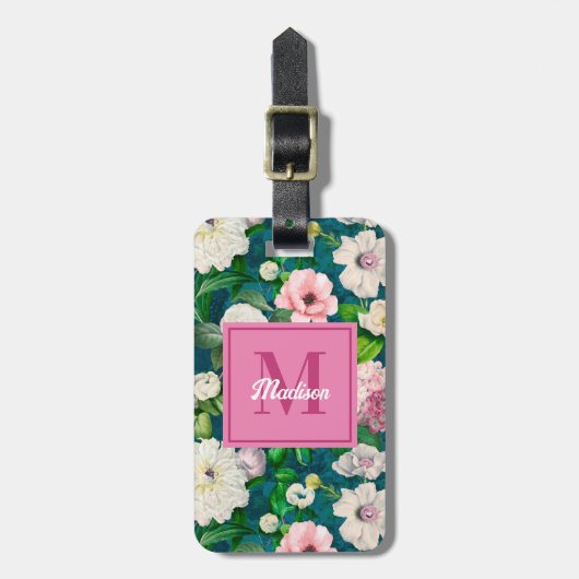 Stijlvolle bloemenroze bloemen groen monogram patr bagagelabel (Voorkant verticaal)