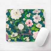 Stijlvolle bloemenroze bloemen groen monogram patr muismat (Met muis)