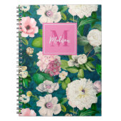 Stijlvolle bloemenroze bloemen groen monogram patr notitieboek (Voorkant)
