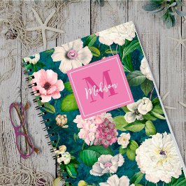 Stijlvolle bloemenroze bloemen groen monogram patr notitieboek