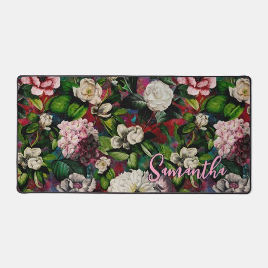 Stijlvolle bloemenroze bloemen rood monogram patro bureaumat (Voorkant)