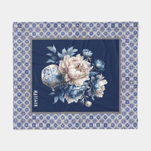 Stijlvolle bloemenvaas Blauwe chinoiserie monogram Fleece Deken (Voorkant (Horizontaal))