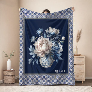 Stijlvolle bloemenvase Blauwe chinoiserie monogram Fleece Deken