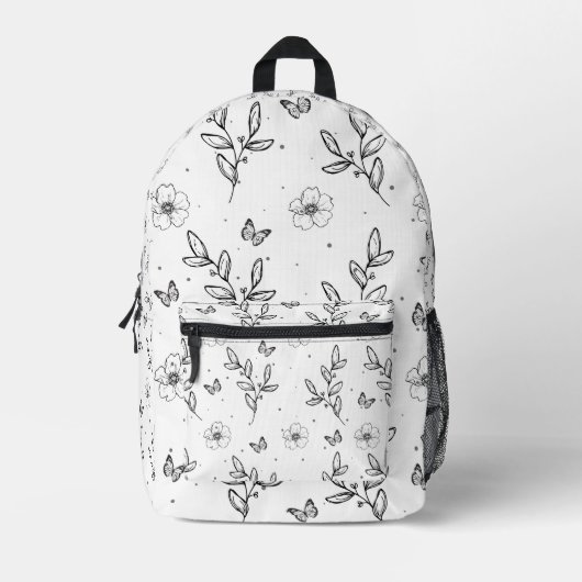Stijlvolle bloemige botanische zwart-wit bedrukte rugzak (Voorkant)