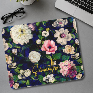 Stijlvolle bloemige roze bloemen blauwe monogram p muismat
