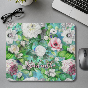 Stijlvolle bloemige roze bloemen blauwe monogram p muismat