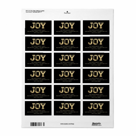 Stijlvolle blokletter Gold Glitter Joy Modern Holi Etiket (Full Sheet)
