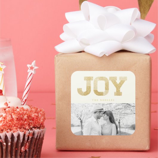 Stijlvolle blokletter Gold Glitter Joy Modern Holi Vierkante Sticker (Feest)