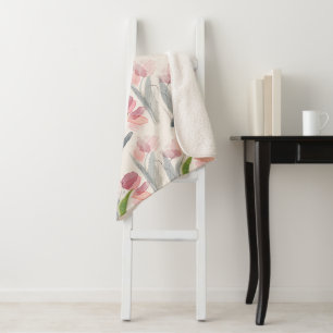 Stijlvolle Blos Roze Bloemen Salie Groene Bladeren Sherpa Deken