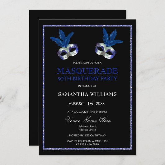 Stijlvolle Blue Glitter Masquerade 50e verjaardag Kaart (Voorkant / Achterkant)