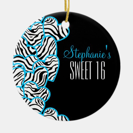 Stijlvolle Blue Sweet 16 Zebra Heart Design Naam Keramisch Ornament (Voorkant)