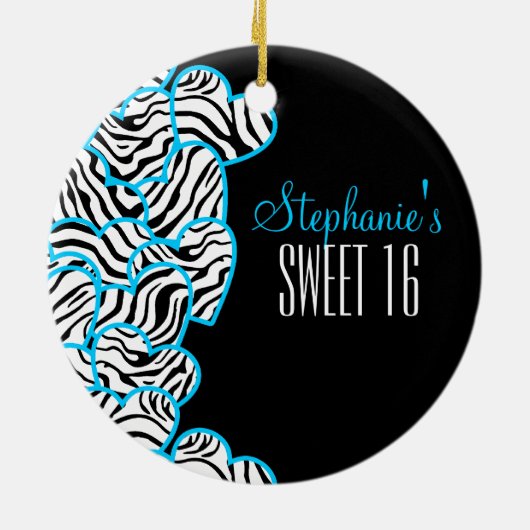 Stijlvolle Blue Sweet 16 Zebra Heart Design Naam Keramisch Ornament (Achterkant)