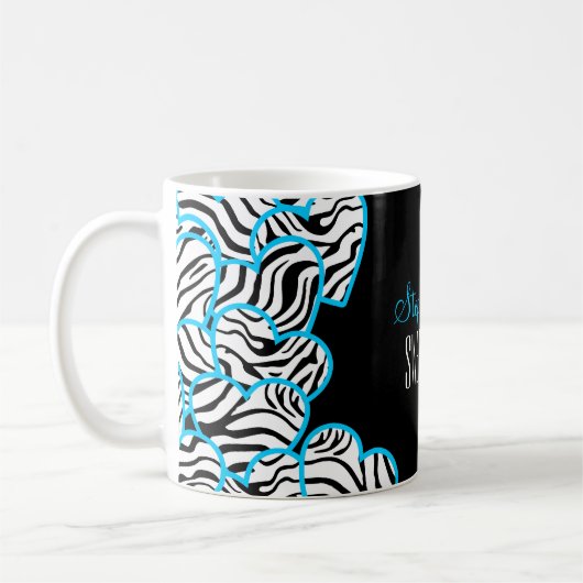 Stijlvolle Blue Sweet 16 Zebra Heart Design Naam Koffiemok (Links)