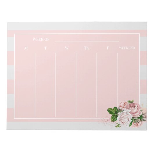 Stijlvolle Blush Pink Floral Striped Weekly Plans Notitieblok (Voorkant)