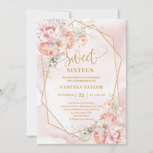 Stijlvolle Blush Pink Sage Gold Floral Sweet 16 Kaart (Voorkant)