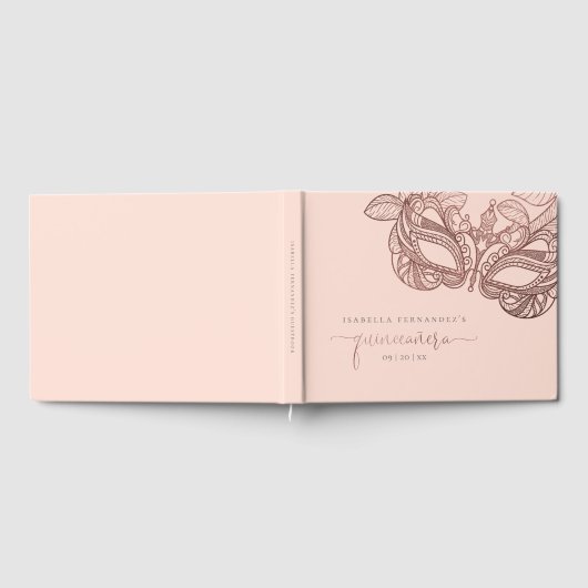 Stijlvolle Blush & Roos Gold Masquerade Quinceañer Gastenboek (Volledig)
