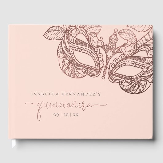 Stijlvolle Blush & Roos Gold Masquerade Quinceañer Gastenboek (Voorkant)