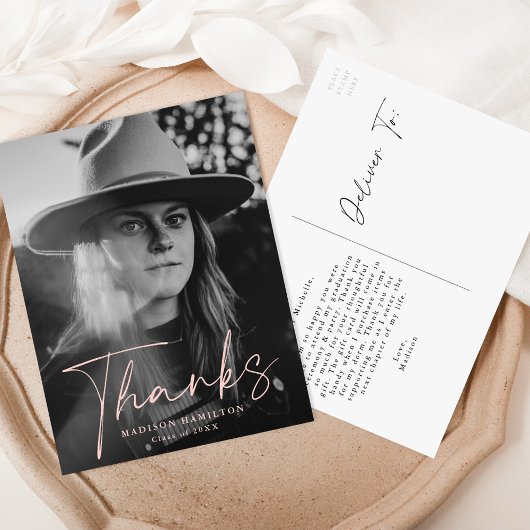 Stijlvolle Blush Script Photo Afstuderen dank u Briefkaart