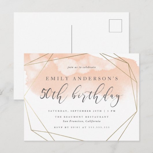 Stijlvolle Blush Waterverf Geometric 50th Birthday Uitnodiging Briefkaart (Voorkant / Achterkant)