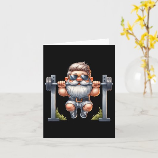 Stijlvolle body building gnoom doet pull-ups op ee kaart (Gele Bloem)