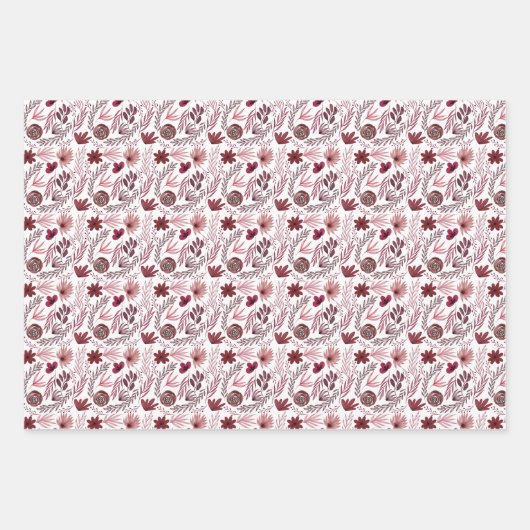 Stijlvolle Bogundy Red Flowers Floral Waterverf Inpakpapier Vel (Voorkant 3)